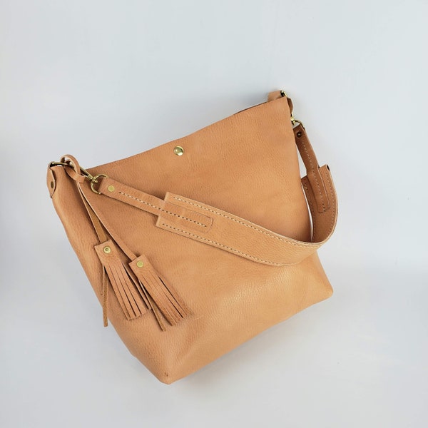 Large Handmade Handsewn Soft Natural Milled Vegetable Tanned Full Grain Leather Tote Bag Shoulder Strap Purse, Visit Jack Lake visitjacklake
