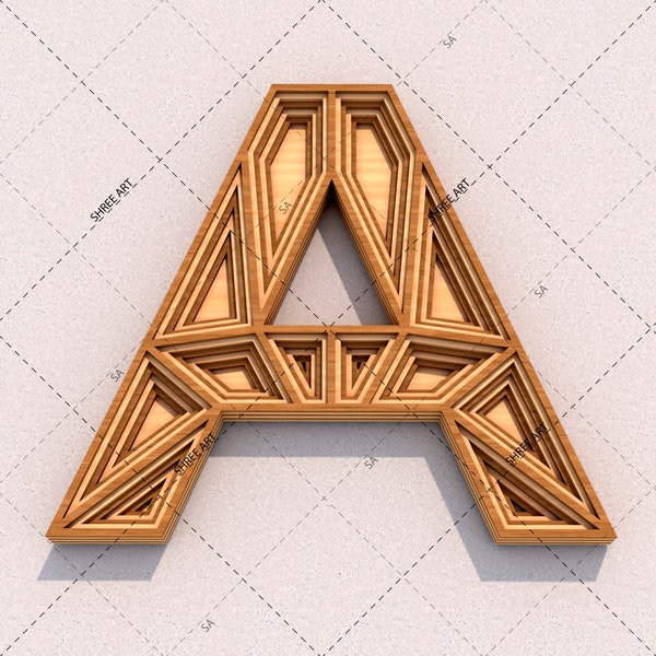 Letter A, Laser cutting Multilayered 3D Geometric design DXF SVG ai eps file templates for Wall Decor, Gift, Signage Board, Wedding Sign.
