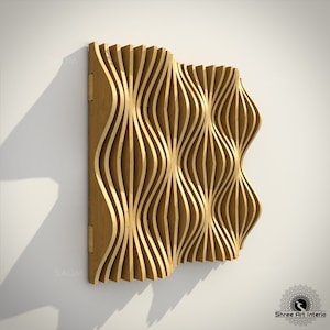 Puede incluir: Un panel de pared de madera con un diseño ondulado y geométrico. El panel está hecho de madera marrón claro y tiene un aspecto moderno y abstracto.
