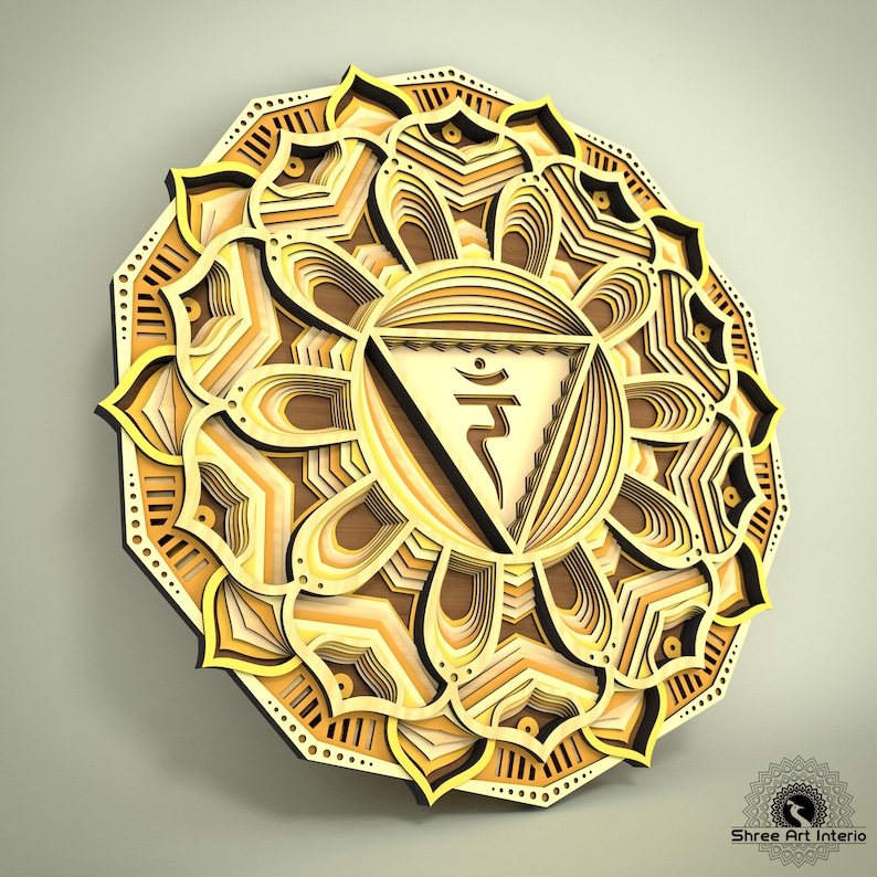 May include: A layered wooden mandala wall art piece in shades of brown, yellow, and cream. The design features a central geometric shape with a symbol, surrounded by intricate floral and geometric patterns. The artwork is a decorative piece for home decor.