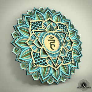 May include: A layered wooden wall art piece in a mandala design. The artwork features a central geometric shape with a symbol, surrounded by layers of teal, tan, and brown floral patterns. The piece is three-dimensional, creating depth and shadow.
