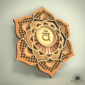 May include: A layered wooden wall art piece in the shape of a flower, featuring intricate geometric patterns and a central circular design with a symbol. The artwork is primarily in shades of orange and brown, with black accents.
