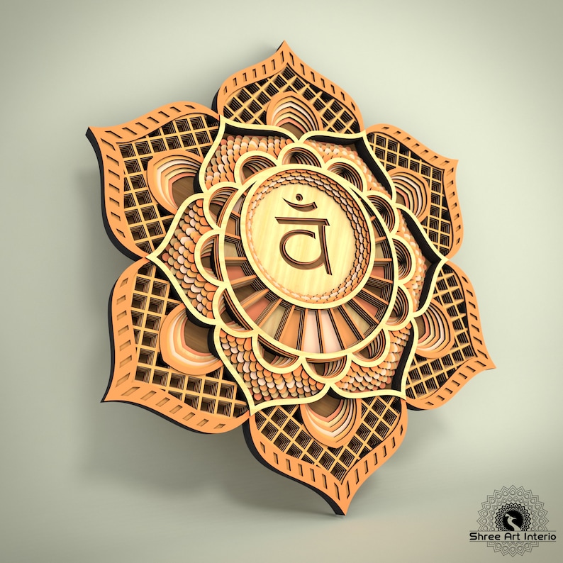 May include: A layered wooden wall art piece in the shape of a flower, featuring intricate geometric patterns and a central circular design with a symbol. The artwork is primarily in shades of orange and brown, with black accents.