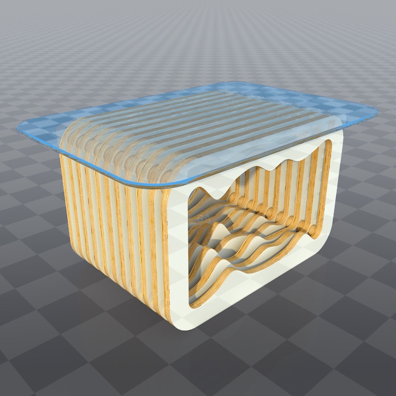 May include: A wooden coffee table with a unique layered design and a clear glass top. The table has a white interior and a natural wood exterior.