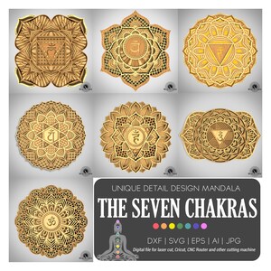 May include: Seven intricately designed mandala art pieces in shades of gold and brown. Each mandala features a unique geometric pattern and symbol, representing the seven chakras. The image includes the text "UNIQUE DETAIL DESIGN MANDALA THE SEVEN CHAKRAS".