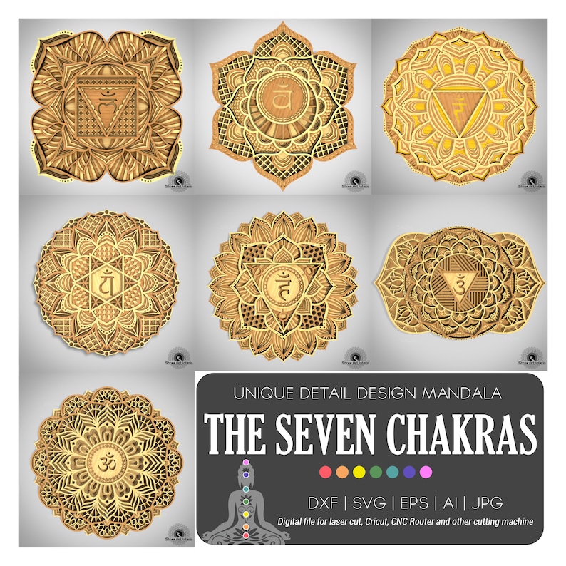 May include: Seven intricately designed mandala art pieces in shades of gold and brown. Each mandala features a unique geometric pattern and symbol, representing the seven chakras. The image includes the text "UNIQUE DETAIL DESIGN MANDALA THE SEVEN CHAKRAS".