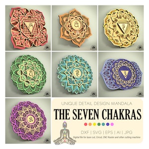 DTFMA17-The Seven Yoga Chakras Mandala Bundle, Wall Hang Multilayer Svg Dxf Ai Eps arquivo digital de arte para roteador CNC, laser, Cricut e muito mais