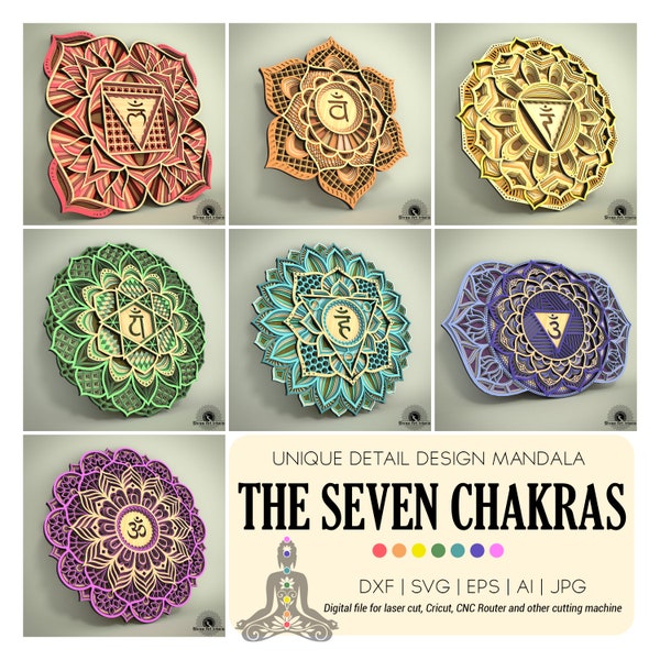 DTFMA17-The Seven Yoga Chakras Mandala Bundle, Wall Hang Multilayer Svg Dxf Ai Eps artwork digital file for CNC router, laser, Cricut & more