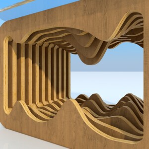 May include: A wooden table with a unique design featuring multiple layers of plywood cut into a wave pattern. The table has a large opening in the center, revealing a view of the background.