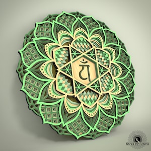 May include: A layered wooden mandala in shades of green, tan, and black. The design features a central geometric shape with a symbol, surrounded by intricate floral patterns. The artwork is a decorative wall hanging.