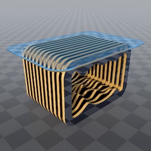 May include: A modern coffee table with a glass top and a unique, wavy, wooden frame. The frame is made of thin strips of wood that are arranged in a criss-cross pattern. The table is a dark brown color.