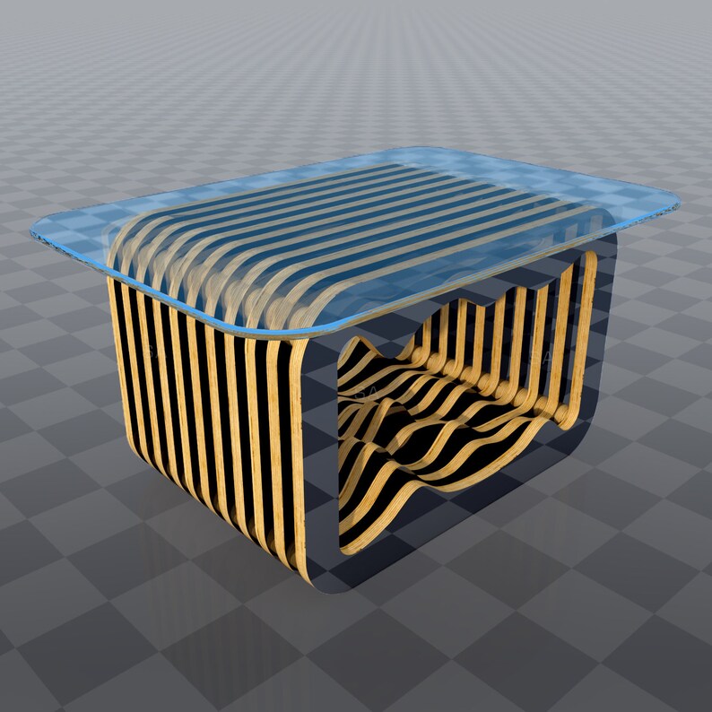 May include: A modern coffee table with a glass top and a unique, wavy, wooden frame. The frame is made of thin strips of wood that are arranged in a criss-cross pattern. The table is a dark brown color.