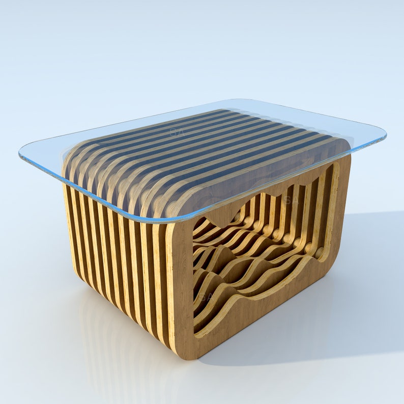 May include: A wooden coffee table with a glass top. The table is made of layered wood with a wavy design. The glass top is clear and has a beveled edge.