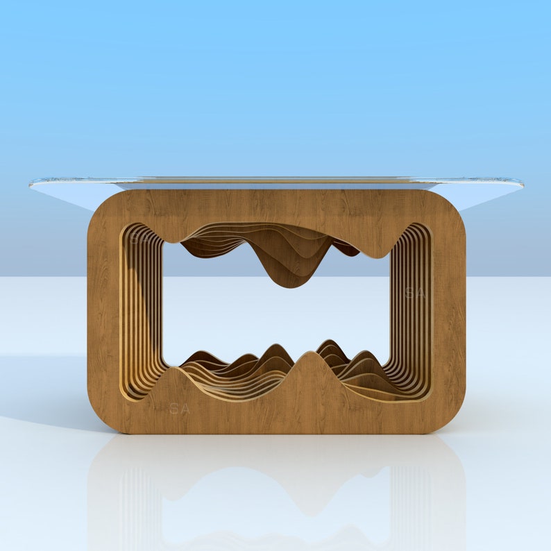 May include: A wooden coffee table with a glass top and a unique, layered design that resembles waves. The table is made of natural wood and has a warm, inviting look.