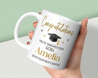 Taza y posavasos personalizados para el GCSE, regalo de felicitación con nombre personalizado para el graduado de secundaria, ¡Lo lograste!