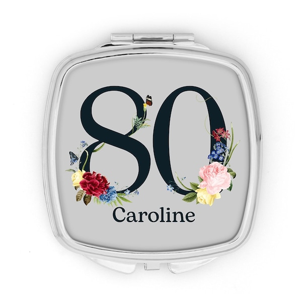 80th Birthday Gift Custom Compact Mirror Personalised Gift Silver Floral