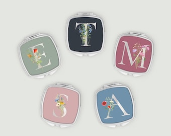 Personalised Initial Compact Mirror With Floral Letter, Bridesmaid Gift