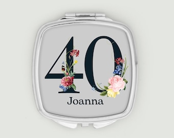 Espejo compacto personalizado para su 40 cumpleaños con nombre a medida, regalo floral para ella.