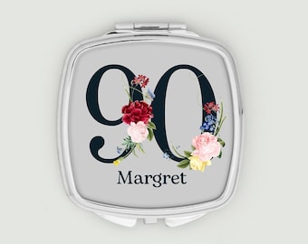 Personalised 90th Birthday Gift, Compact Mirror with Custom Name for Mum or Grandmother