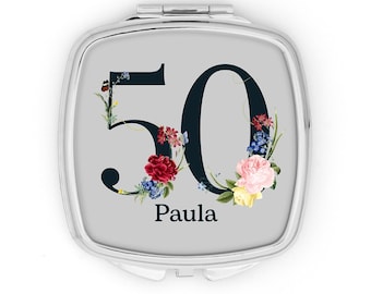 50th Birthday Gift Custom Compact Mirror Personalised Gift Silver Floral