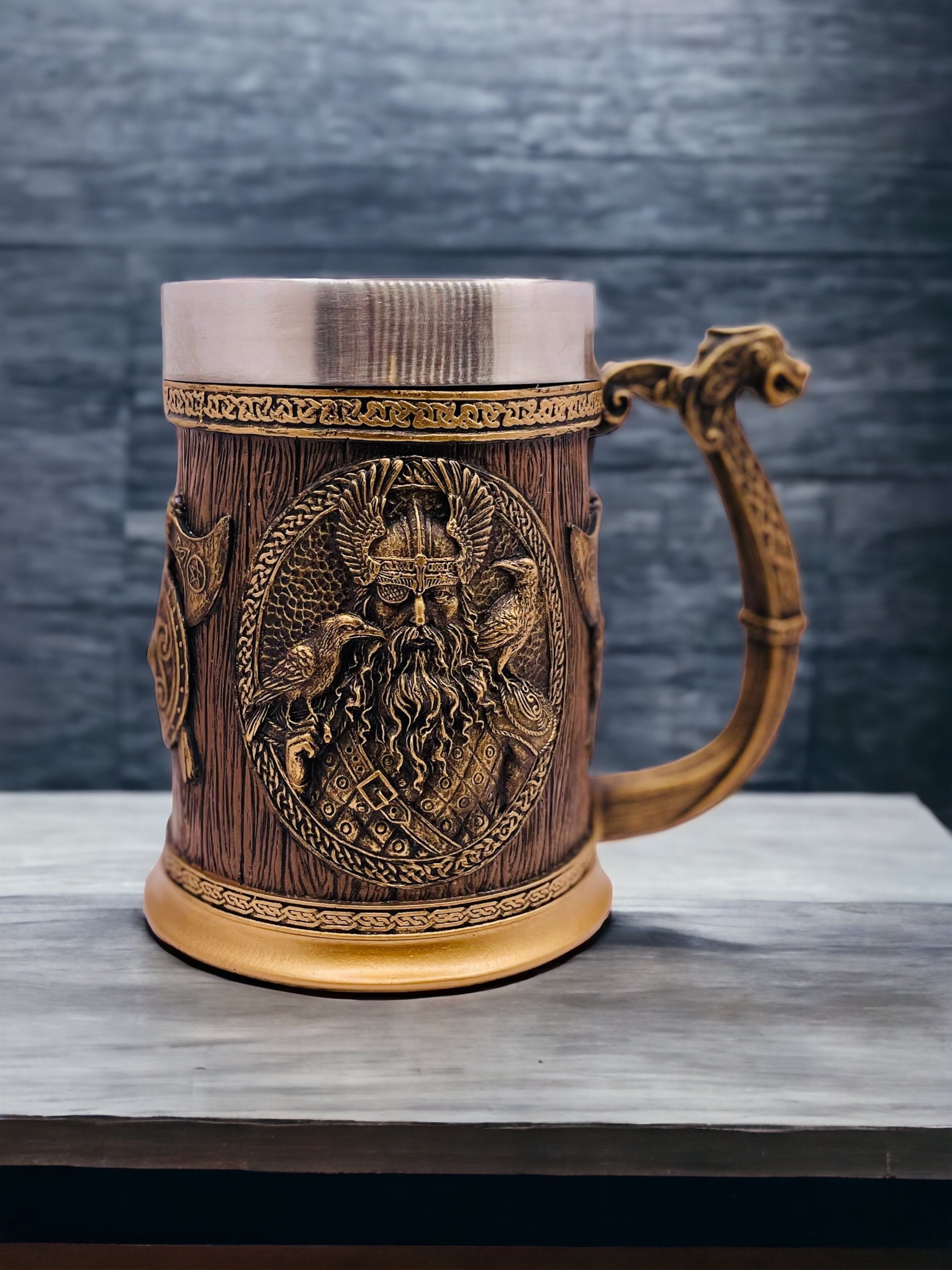 Teslyar Wooden Beer Mug Set. Handcrafted. Made from Oak Wood. Medieval and Viking Design.