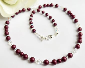Plum Necklace made with Swarovski 5mm and 6mm Elderberry Pearls. Pearl Necklace. Plum Necklace. Pearls. AB Crystals. Preciosa. Elderberry