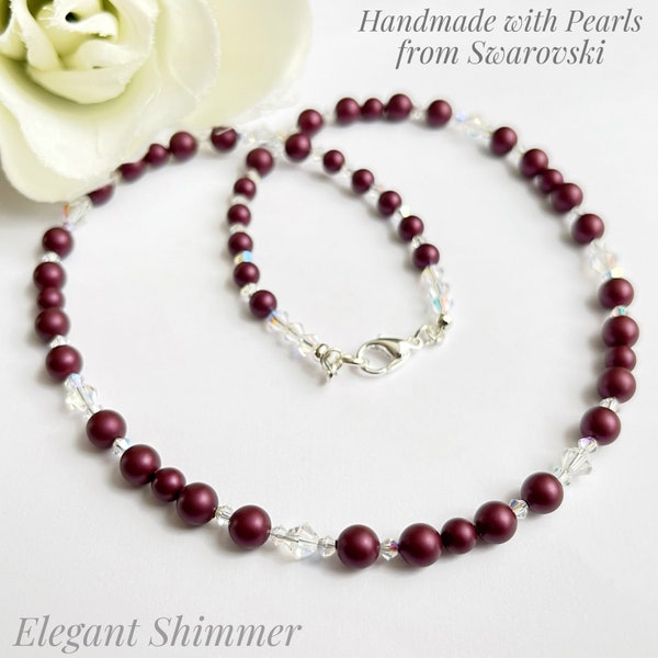 Plum Necklace made with Swarovski 5mm and 6mm Elderberry Pearls. Pearl Necklace. Plum Necklace. Pearls. AB Crystals. Preciosa. Elderberry