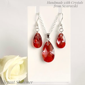 Sterling Silver Necklace and Earrings Set with Swarovski Red Magma Pear Crystals. Bridal set. Special gift for her. Red jewellery