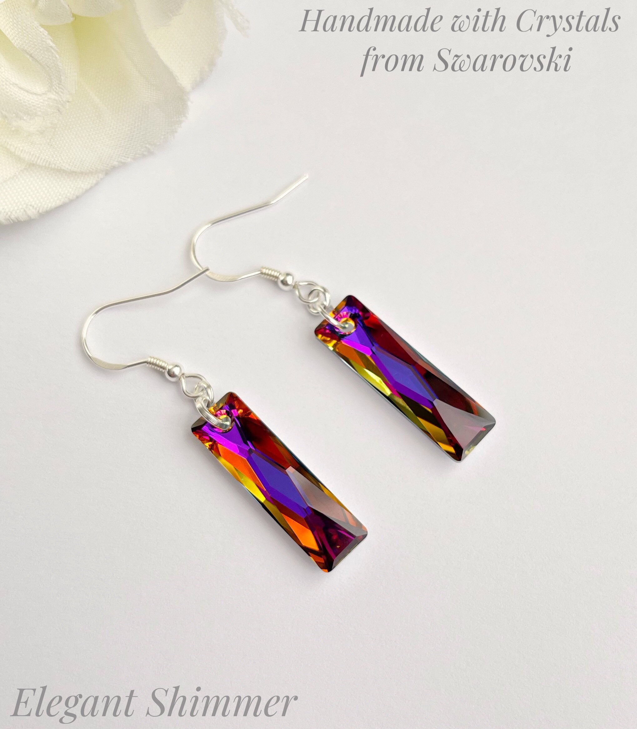 ElegantShimmer Sterling Silver Slim Crystal Earrings with Swarovski 25mm Volcano Queen Baguette Crystals. Sterling Silver Earrings. Volcano Crystal. Gift