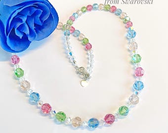 Sterling Silver Adjustable Multicoloured Necklace made with Swarovski Crystal Beads and Bicones. Rose Blue Peridot Silk. Summer. Special