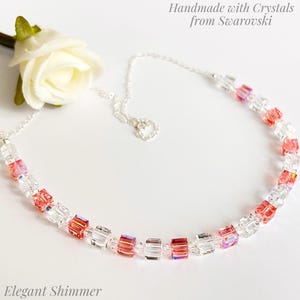 Cube Necklace made with Swarovski Rose Peach Shimmer and Clear Cube Crystals. Cube Necklace. Crystal Necklace. Sterling Silver Necklace