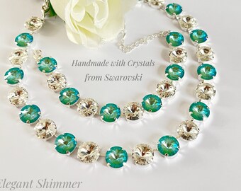 Silver Rivière Jewellery with Swarovski 12m Silky Sage DeLite, and Clear Rivoli Crystals. Adjustable. Cup Chain. Tennis Jewellery. Rivière