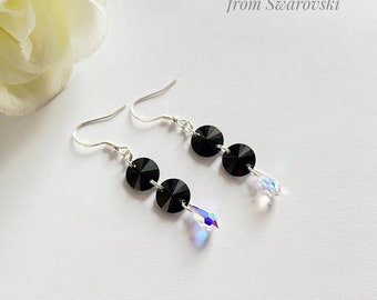 Sterling Silver Black Earrings with Swarovski 10mm Jet Rivoli and 11mm AB Teardrop Crystals. Classy. Black Dress. Crystal Earrings. Jet