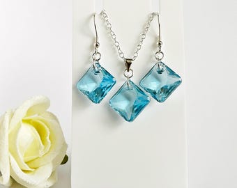 Sterling Silver Necklace and Earrings Set with Swarovski 16mm Aquamarine Princess Cut Crystals. Special Gift Set. March Birthday. Bridal