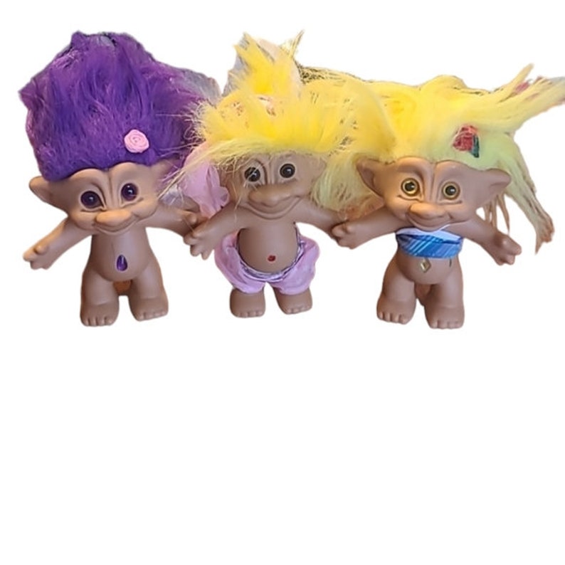 Vintage 1998 Trolls Set of 3 Toys Hair Purple Yellow Gem Naked Jewel