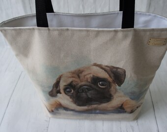 New Handmade Large Pugs Pug Toss Green Bkgd Dogs Pets Denim Tote Bag
