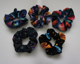 Scrunchie, Hair Tie, Hair Band, Hair Care, Cotton Fabric, Elasticated, Neatly Sewn, Colourful, Space, Galaxy, Planets, Matching Scrunchies
