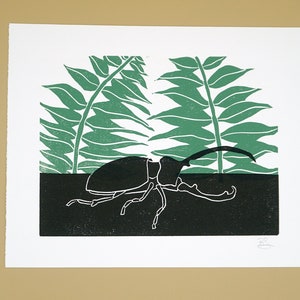 Original hercules beetle on green ferns block print, hand printed by the artist