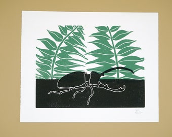 Original hercules beetle on green ferns block print, hand printed by the artist