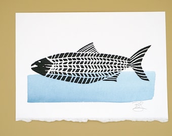 Original fish block print with blue watercolour detail, handprinted by the artist