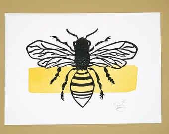 Original bee block print with watercolour detail, hand printed by the artist