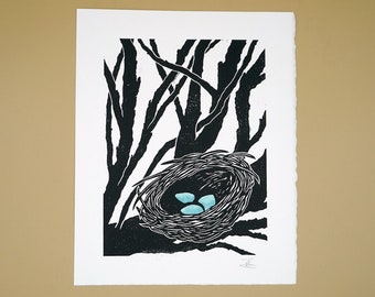 Original bird nest with blue watercolour eggs block print, hand printed by the artist