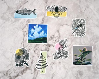 Stickers of original art, watercolour block print acrylic, waterproof vinyl matte,