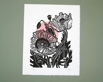 Original poppies block print with red watercolour detail, hand printed
