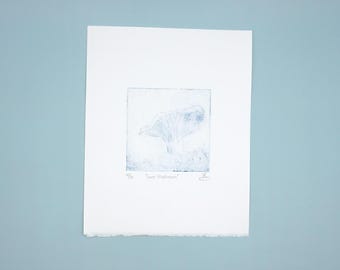 Original blue mushroom drypoint engraving print, hand printed by the artist