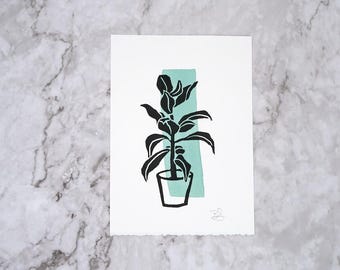 Original houseplant block print with green watercolour details, hand printed by the artist