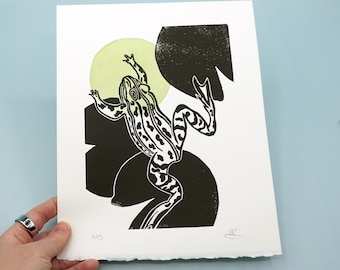Original frog and lily pad block print with green watercolour detail, hand printed