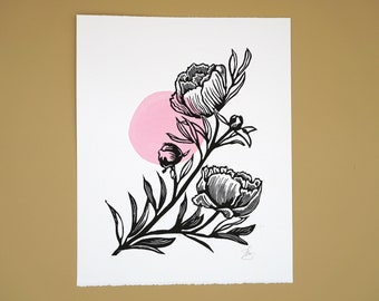 Original peony block print with watercolour detail, hand printed by the artist