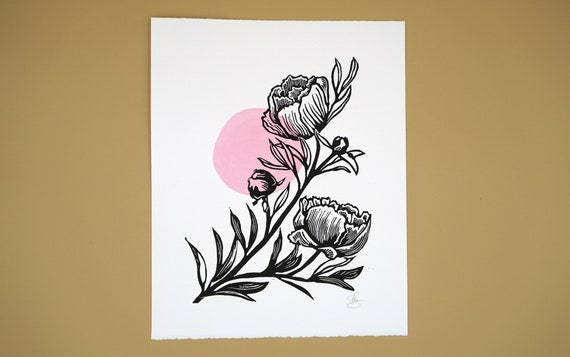 Peony and watercolour block print, hand printed, art wall decor, minimalist floral art, housewarming gift for best friend, birthday gift