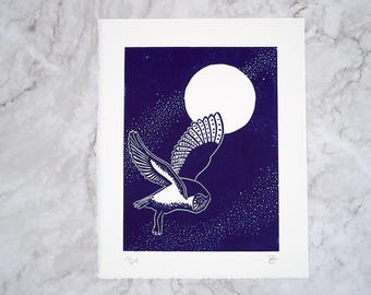 Original night barn owl block print, hand printed by the artist